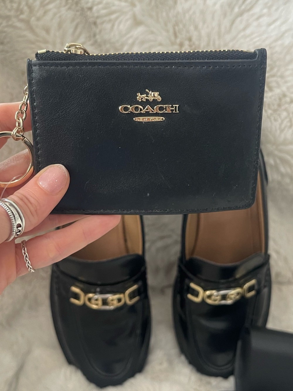 Coach Black Crossgrain Leather Corner Zip Mini Skinny ID Case Wallet Keychain